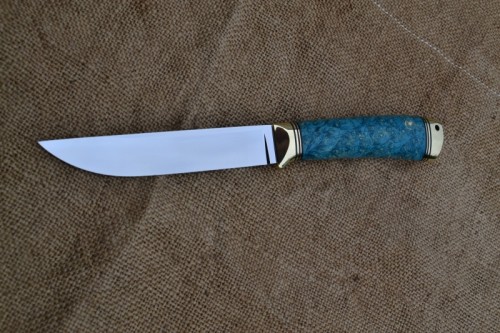 Нож Засапожный 2 - сталь К340, латунь, G10, стабилизированный кап клёна.
