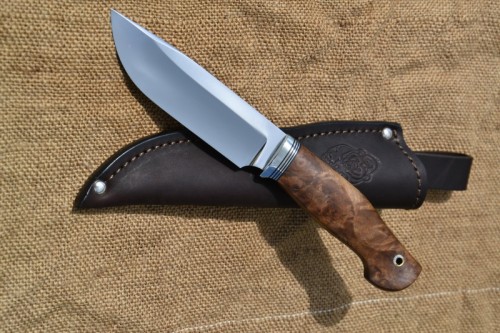 Нож Легионер 2 (вариант 2) - сталь N690 , нейзильбер, фибра, корень ореха, мозаичный темлячный пин.