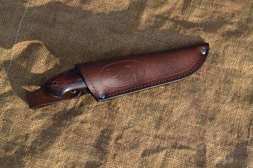 Нож Скинер - сталь RWL34, мокумэ, G10, стабилизированный зуб мамонта, кокоболо, карбоновые мозаичные пины.